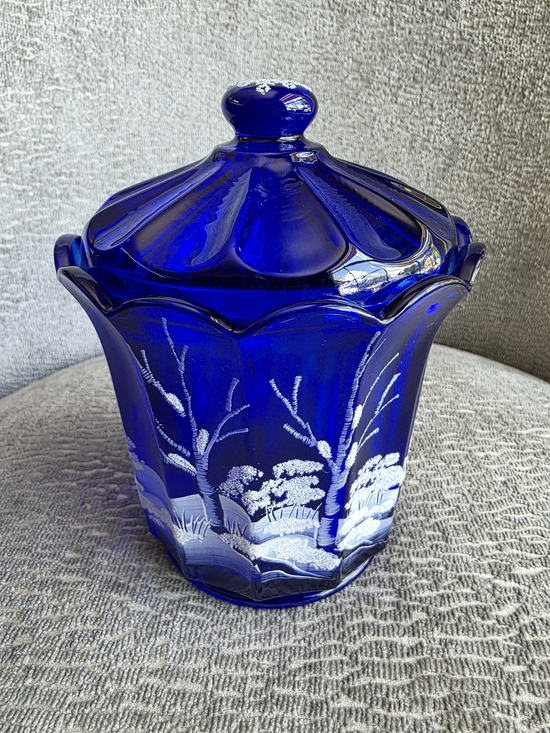 Fenton Other - RARE VTG Fenton Cobalt Blue Canaan Valley Candy Jar With Lid Signed Hand Painted